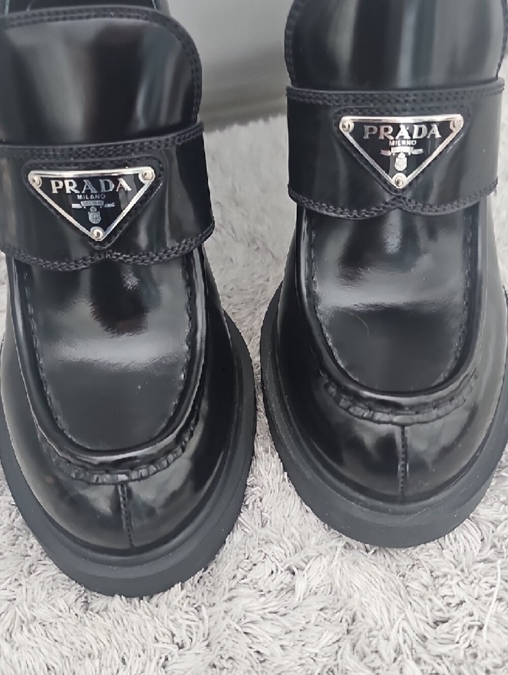 Prada Black Heeled Loafers with Silver Logo Triangle - Picture 7 of 10